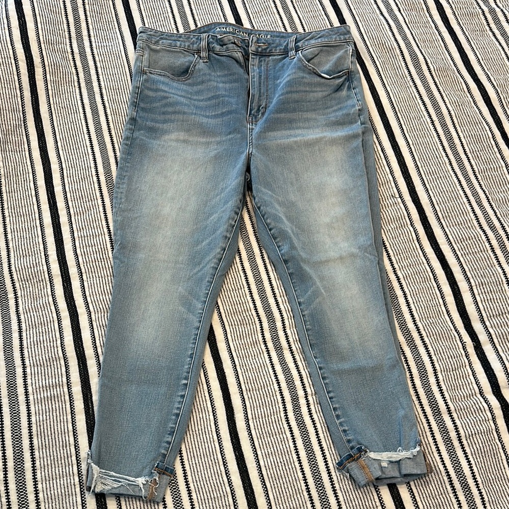 American Eagle Blue Ankle Cropped Jeans with Distressed Hem